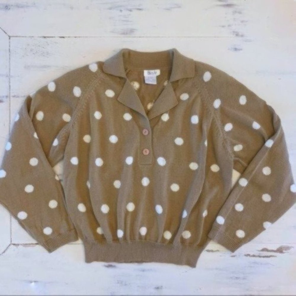 Vintage 80s Polo Sweater Tan & White Polka Dot Wool Blend Neutral Medium/Large - Picture 2 of 6